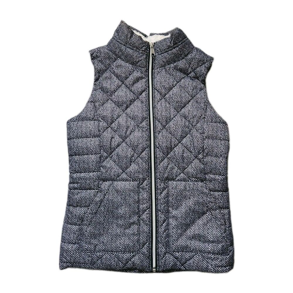 SO Black White Herringbone Quilted Vest Faux Fur Lined Full Zip Pockets XL EUC